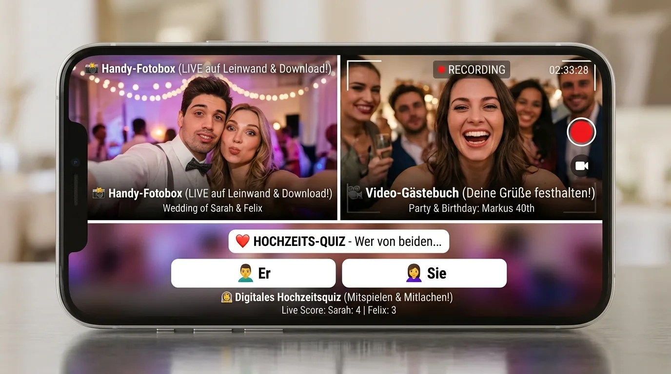 Profi-Pocket-Fotobox, Video-Gästebuch & Spiele: alle Event-Features im Überblick